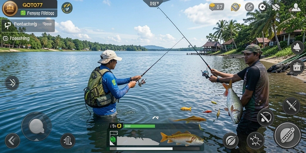 Screenshot utama GOTO77 menampilkan gameplay memancing yang menarik.