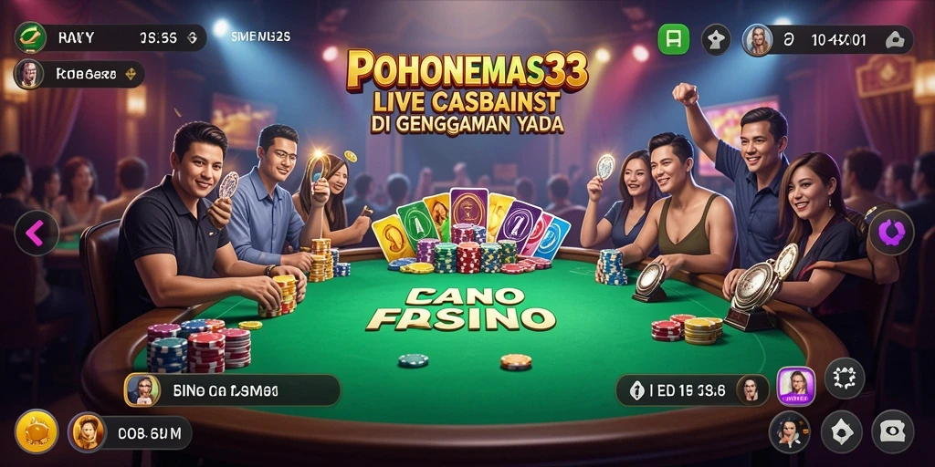 Tangkapan layar gameplay POHONEMAS33 yang menampilkan dealer dan suasana kasino.