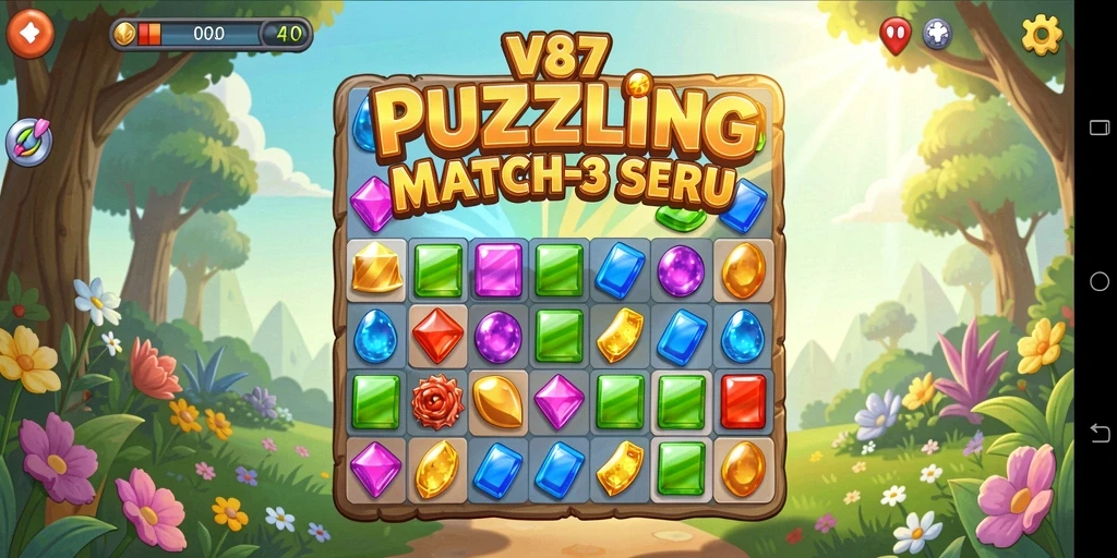 Screenshot gameplay V87 menampilkan aksi Match-3 yang seru.